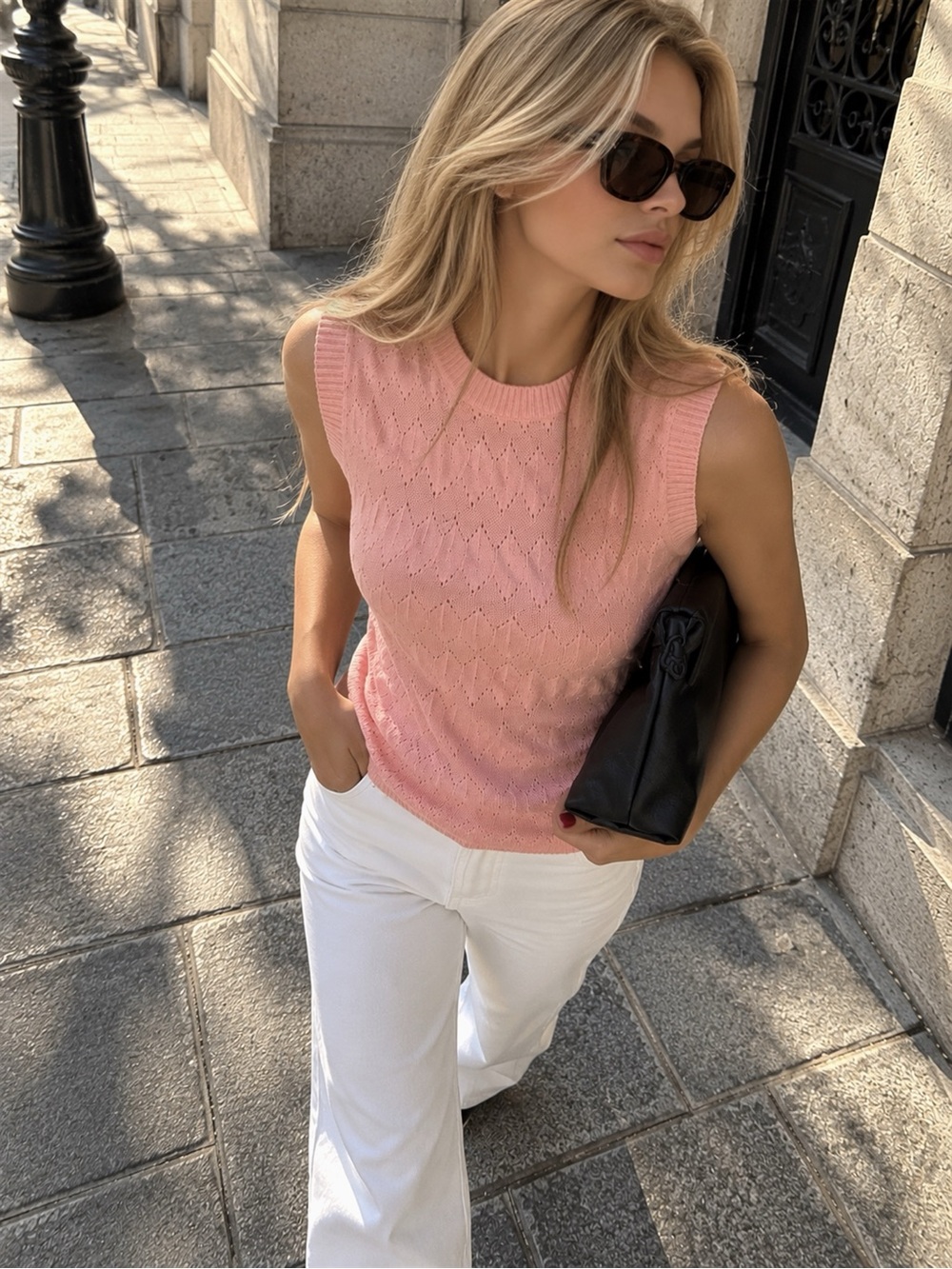 WANKO Pink Pointelle Knit Sleeveless Top
 - Classic Women's Tank